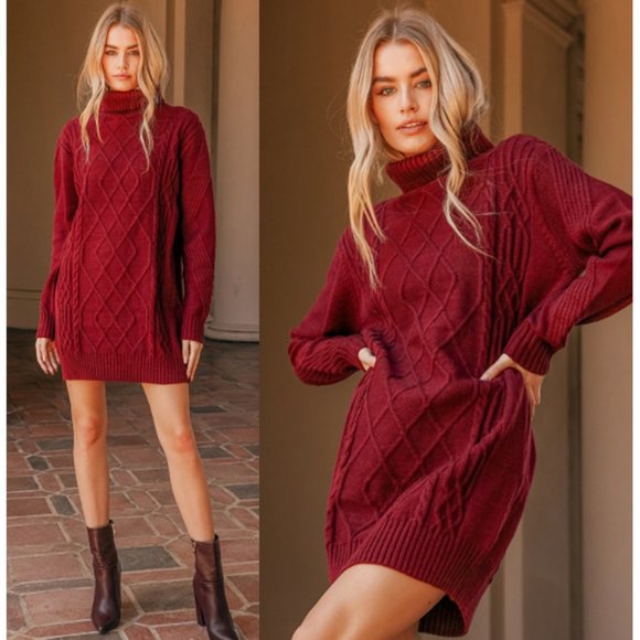 Lulus Dresses & Skirts - Lulu's Women's Burgundy Cable Knit Turtleneck Sweater Dress